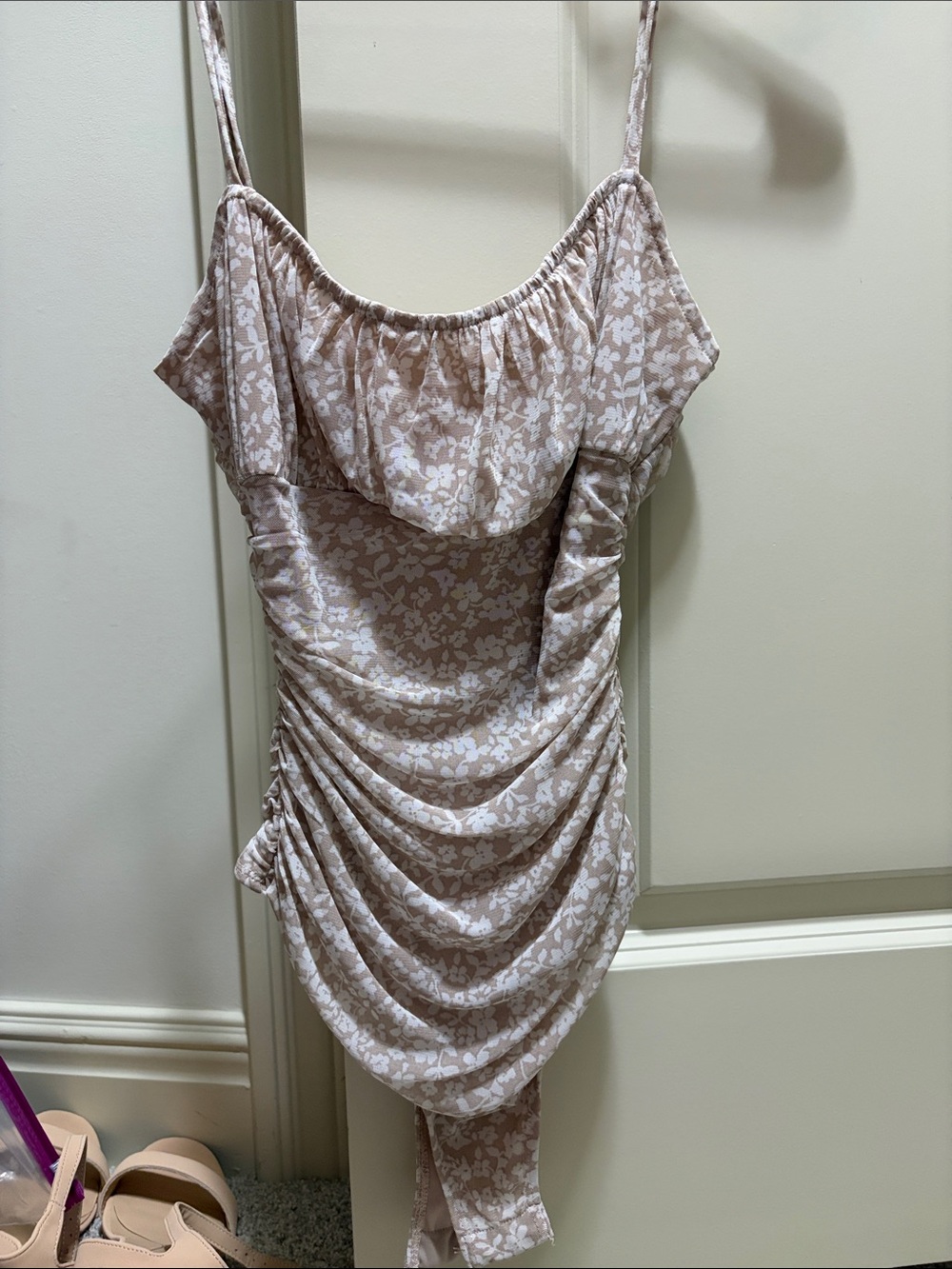 Floral Ruched Sleeveless Body Suit in Light Beige